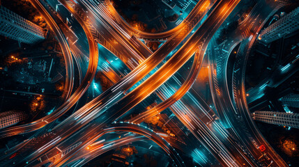 Aerial view of a complex highway interchange illuminated at night, showcasing the vibrant lights and intricate design.