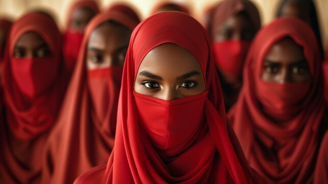A group of women wearing red scarves and masks
