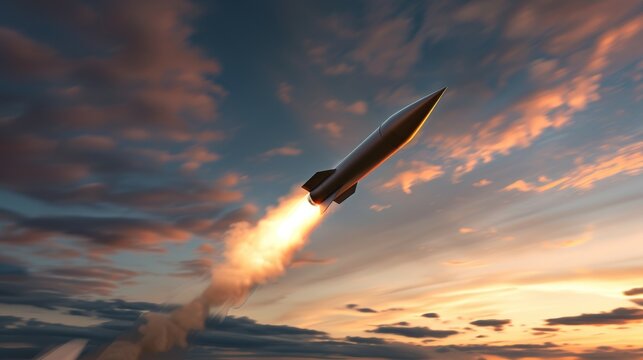 A rocket is flying through the sky with a bright orange trail behind it, military missile