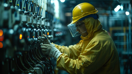 An engineer wearing yellow protective gear inspects and maintains industrial equipment in a dimly lit, high-tech facility.