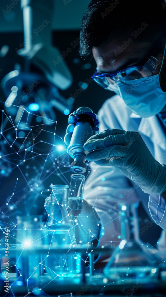 Poster a man in a lab coat is working with a microscope