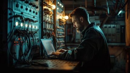 Fototapeta premium An engineer works on a laptop, surrounded by intricate control panels and wiring, in a dimly lit industrial control room.