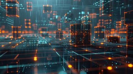 The image is a glowing blue and orange circuit board with many small lights and a large glowing blue light in the center.