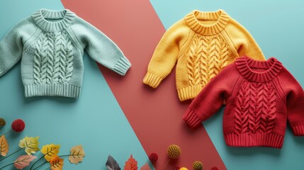 Baby sweaters displayed on a colored background with room for text