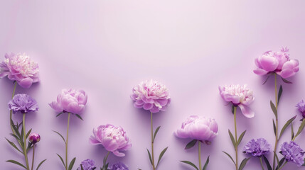 A minimalist design of a lilac purple peony floral border on a pastel lilac background