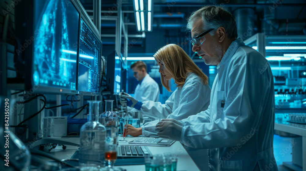 Aufkleber a team of scientists in a high-tech laboratory analyzing data on computer screens, surrounded by sci