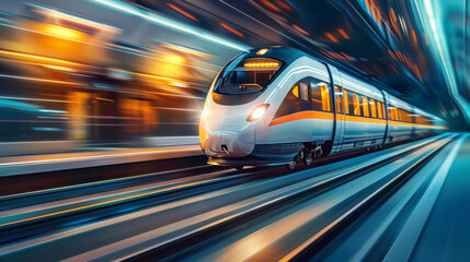 A sleek, high-speed modern train moving rapidly through a station with lights blurring in the background.