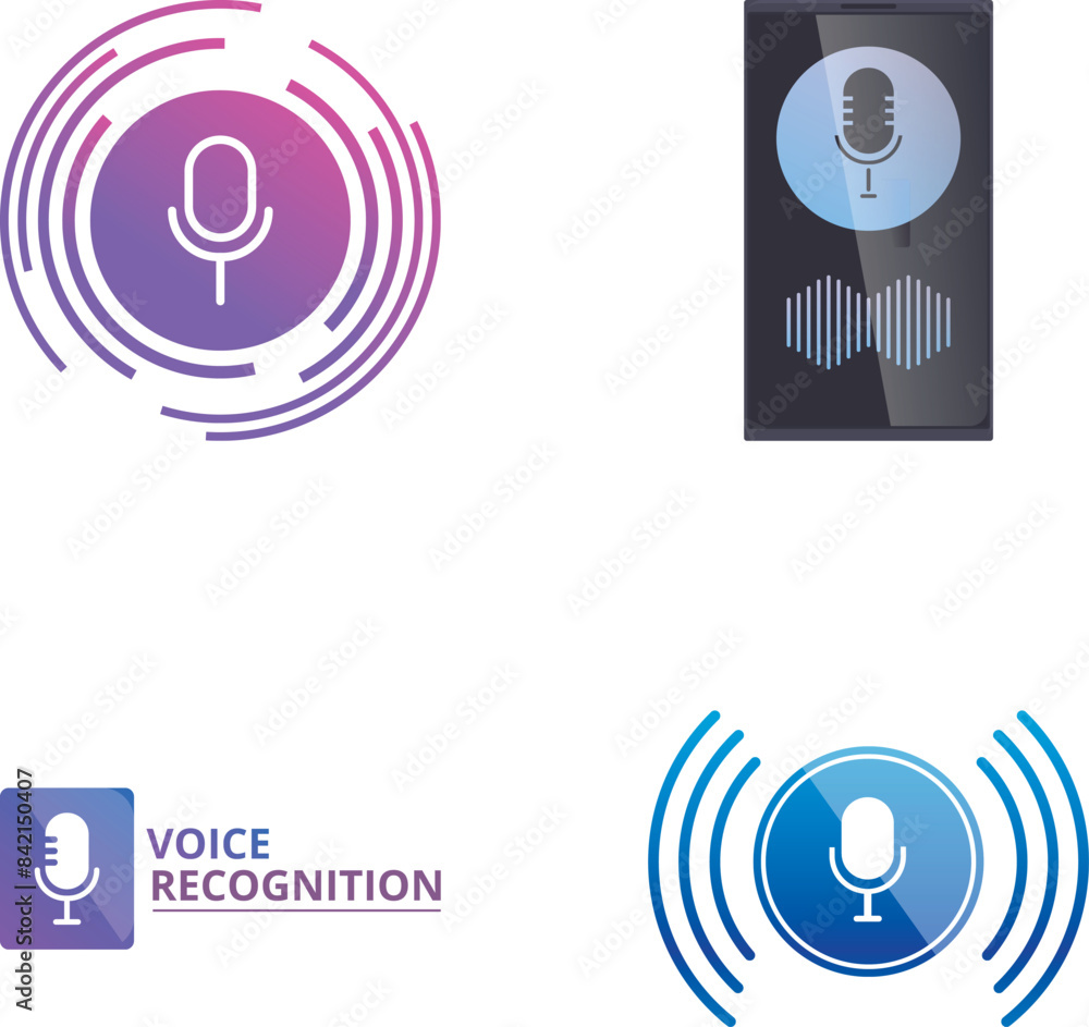 Poster collection of icons representing voice recognition and audio technology concepts