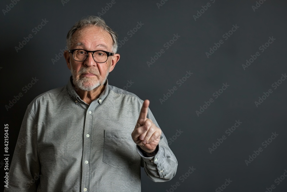 Poster Senior man in gray shirt pointing with index finger to important information on copy space