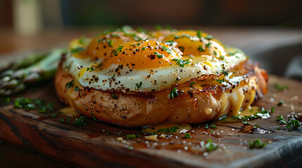 Tranquil Morning Eggs Benedict on Antique Wooden Block - Gourmet Brunch Photography