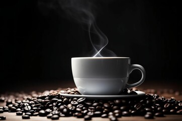 White cup of coffee on a black background. Close-up side view, macro photography. Coffee beans on a black table. Coffee mugs beans dark background. Inscription space. Hot drink concept