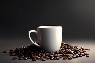 White cup of coffee on a black background. Close-up side view, macro photography. Coffee beans on a black table. Coffee mugs beans dark background. Inscription space. Hot drink concept