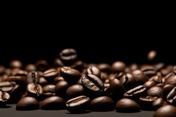 Coffee beans floating in the air on a black background in closeup