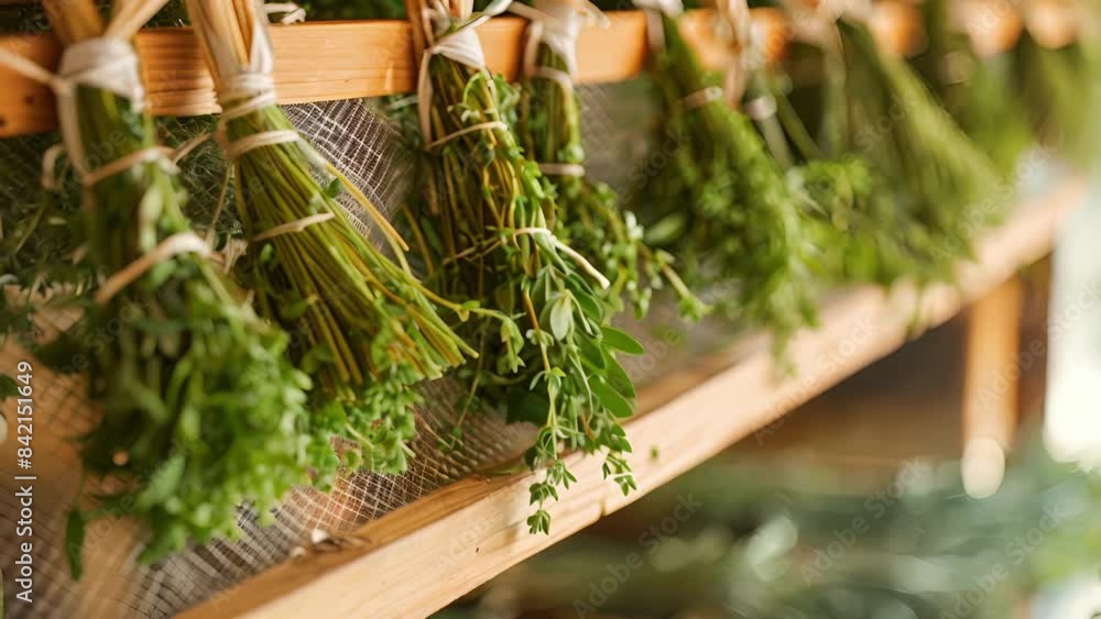 Poster a simple but effective herb drying rack made from a wooden frame and mesh cleverly hanging bundles o