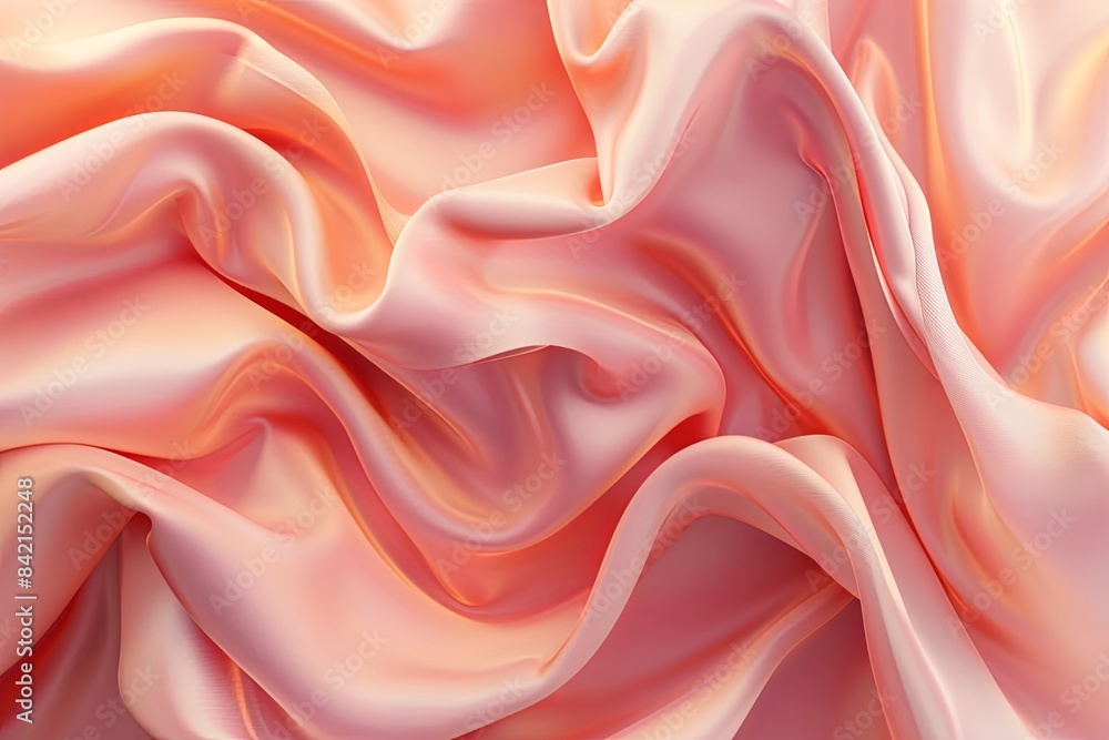 Poster a close-up of peachy pink satin fabric draped in abstract folds, creating a soft and luxurious backg