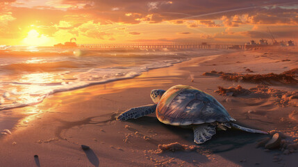 a Green sea turtle, struggling to reach the ocean shore, with coastal development encroaching its nesting site