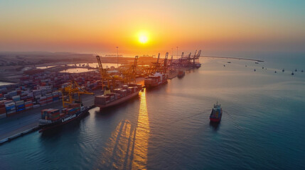 Naklejka premium A maritime shipping port at sunset, with cargo ships and cranes silhouetted against the vibrant sky.