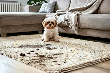 Dog sits by mess on rug.