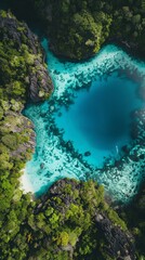 Obraz premium Aerial View of Beautiful Lagoon Surrounded by Lush Jungle with Crystal Clear Turquoise Blue Waters