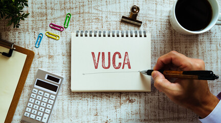 There is wood block with the word VUCA. It is an abbreviation for Volatility, Uncertainty,...