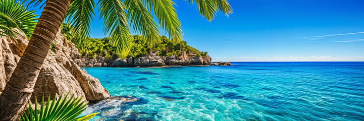A serene beach scene with clear blue water, palm trees, and a rocky shoreline.