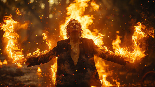 fire show, dancing with flame, male master fakir with fire works, performance outdoors, flame control man,generative ai