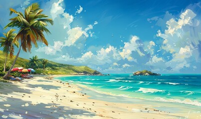 A tranquil beach scene with palm trees swaying in the breeze, turquoise waters lapping at the shore, and colorful umbrellas dotting the sandy beach. Realistic.