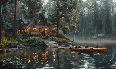 Fototapeta premium A tranquil lakeside retreat with a cozy cabin nestled among towering trees, a wooden dock stretching out into the water, and a pair of kayaks waiting to be launched. Realistic.
