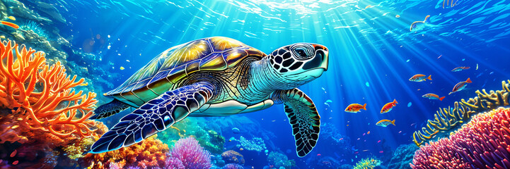 Fototapeta premium A vibrant underwater scene with a sea turtle swimming among colorful coral reefs and fish, set against the backdrop of the ocean floor.