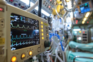 Naklejka premium Close-up of a medical monitor displaying vital signs in an operating room. Generative AI