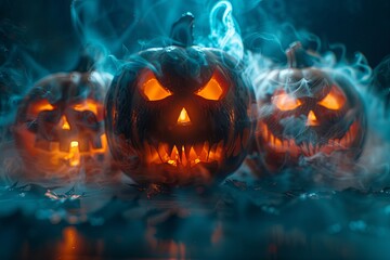 Fototapeta premium Three lit jack-o-lanterns with menacing grins sit in a smoky, dark setting. Generative AI