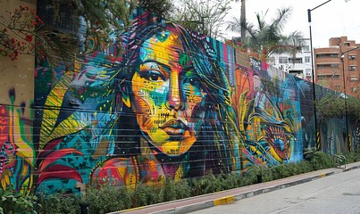 Fototapeta premium A vibrant street art mural on a city wall. Realistic.