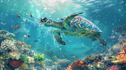 Naklejka premium a Hawksbill sea turtle, swimming near a coral reef, entangled in plastic debris.