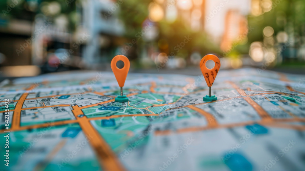Aufkleber close-up of a map with two location pins, symbolizing travel destinations or navigation points in a 