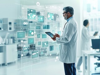 Modern Healthcare Consultation: Doctor Explaining Diagnosis to Patient Using Tablet in Contemporary Office