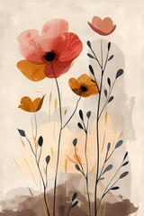 Modern flowers  abstract geometric neutral  color, minimal boho textured wall art, wallpaper, background
