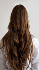 Naklejka premium Back view of woman with long wavy brown hair in white shirt, minimalist background. Haircare and fashion concept