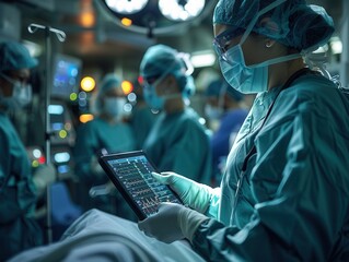 Team of Surgeons Monitoring Patient's Vital Stats in Operating Room Using Tablet Device