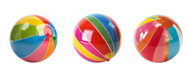 Set of Colorful inflatable beach balls over transparent background. Perfect for summer games at the beach or poolside fun activities.