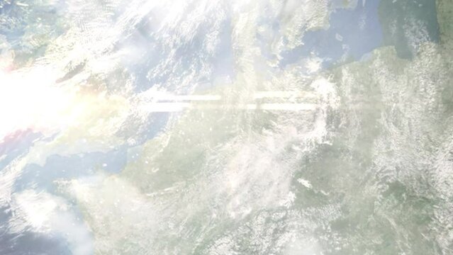 Earth zoom in from space and focus on Alain, Germany. 3D style Animation. Satellite view. Background for travel intro, blog. Images from NASA.