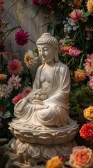Fototapeta premium a statue of a buddha surrounded by flowers