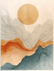 Modern sun and mountain abstract geometric neutral  color, minimal boho textured wall art, wallpaper, background