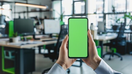 A person holding a smartphone with a green chroma key screen in a modern office, with desks and computer screens in the blurred background.
