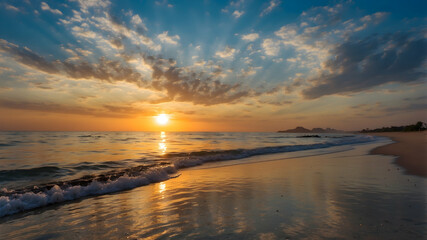 Naklejka premium The sun sets, golden light with the sea in the evening