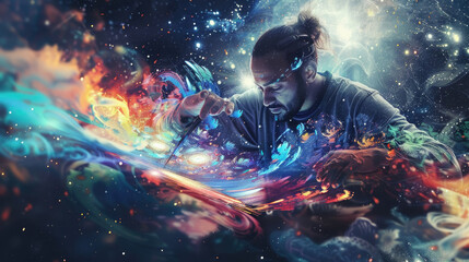 An artist paints a large abstract cosmic artwork in the night sky. The canvas is filled with vibrant colors, swirls of paint, and stars. The artist is focused and absorbed in their creative process