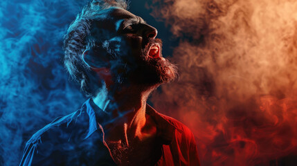 A man with a beard screams with his mouth open wide, surrounded by blue and orange smoke