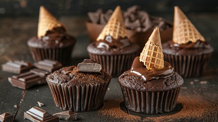 Chocolate muffins, decorated with a small cone on a dark wooden background. Low key. Generative Ai