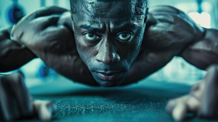 A close-up shot of a muscular athlete performing a push-up, his face focused and determined. The blue lighting of the gym creates a dramatic and powerful image