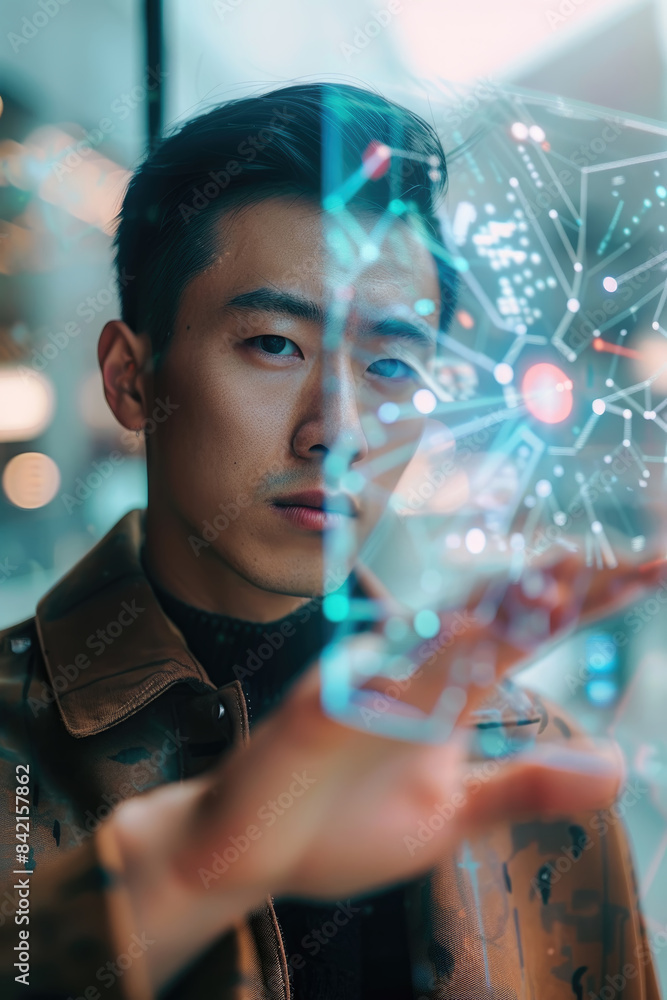 Poster a young man wearing a brown jacket interacts with a holographic display featuring a complex network 