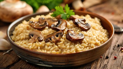 Fototapeta premium Tasty risotto with mushrooms on wooden table. Generative Ai